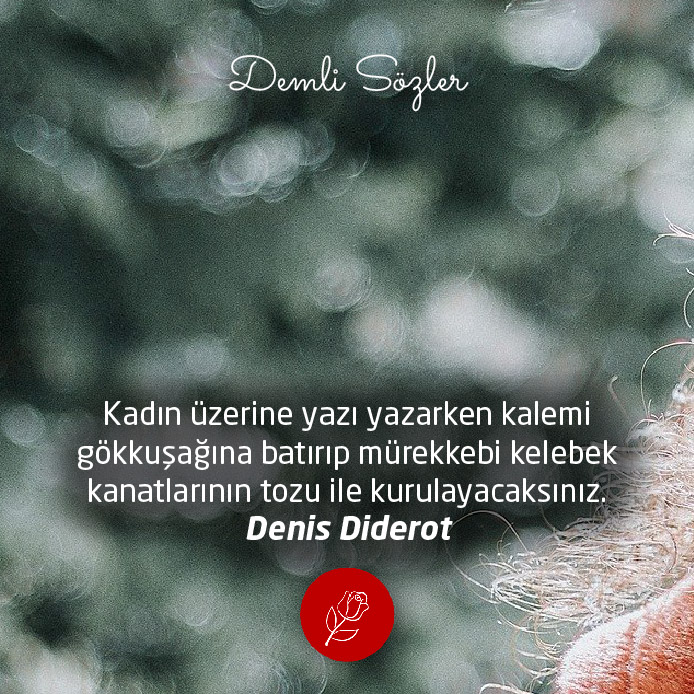 Kadın üzerine yazı yazarken kalemi gökkuşağına batırıp mürekkebi kelebek kanatlarının tozu ile kurulayacaksınız. - Denis Diderot