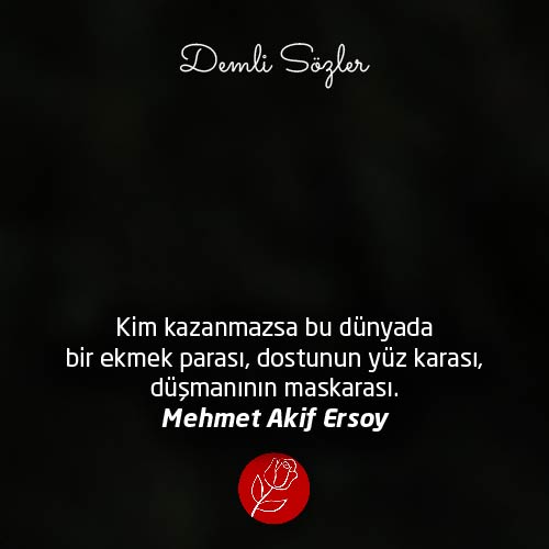 Kim kazanmazsa bu dünyada bir ekmek parası, dostunun yüz karası, düşmanının maskarası. - Mehmet Akif Ersoy