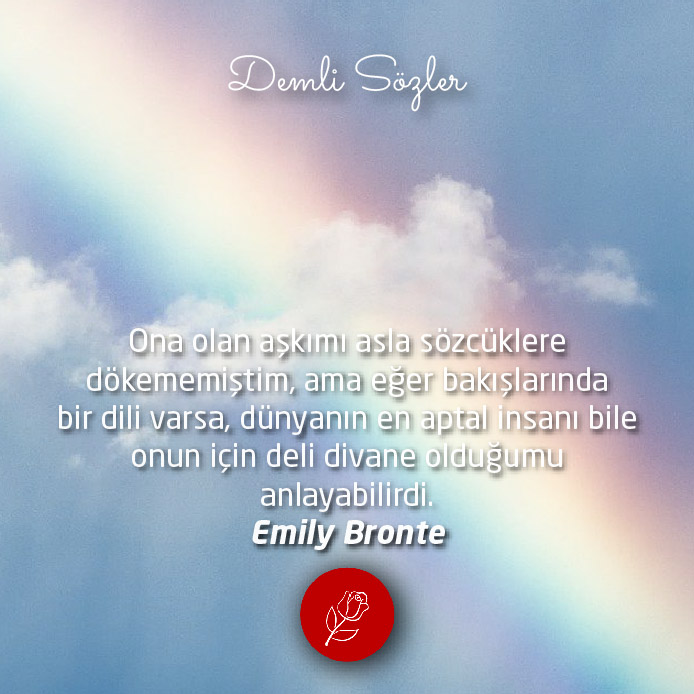 Ona olan aşkımı asla sözcüklere dökememiştim, ama eğer bakışlarında bir dili varsa, dünyanın en aptal insanı bile onun için deli divane olduğumu anlayabilirdi. - Emily Bronte